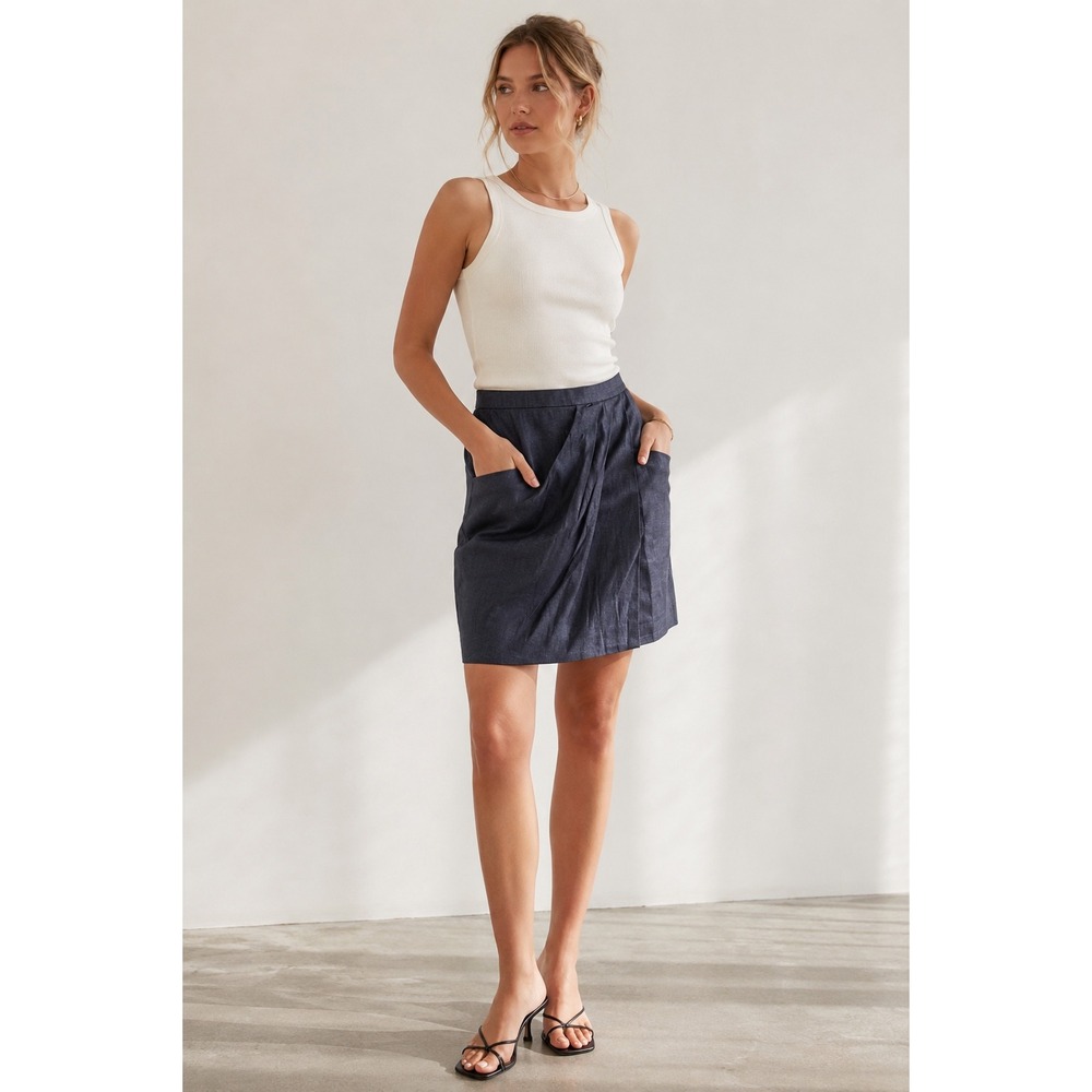 Hugo Boss Velara1 Navy Linen Cotton Draped Pleated Mini Skirt Size 8